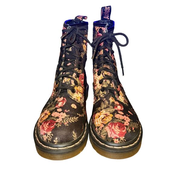Dr Martens Lace Up Boot Women's 6 Black Pink Canvas Victorian Floral Doc 8 Eye - Picture 2 of 6